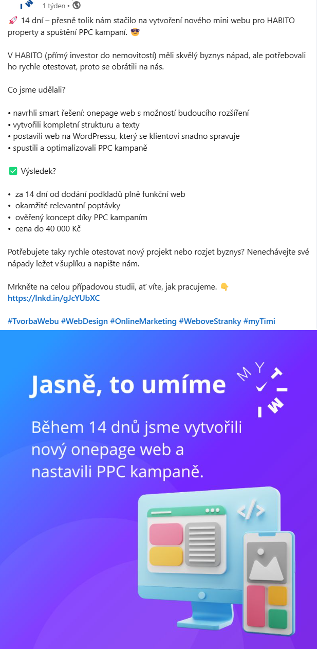 Ukázka přepadovky v příspěvku na LinkedInu.