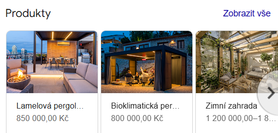 Ukázka produktové části v sekci Moje firma na Googlu