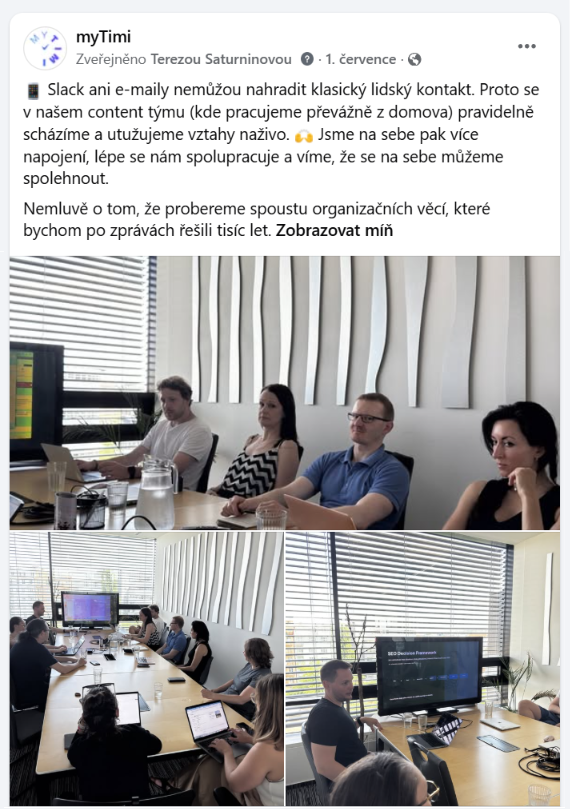 Ukázka interního příspěvku na Facebook