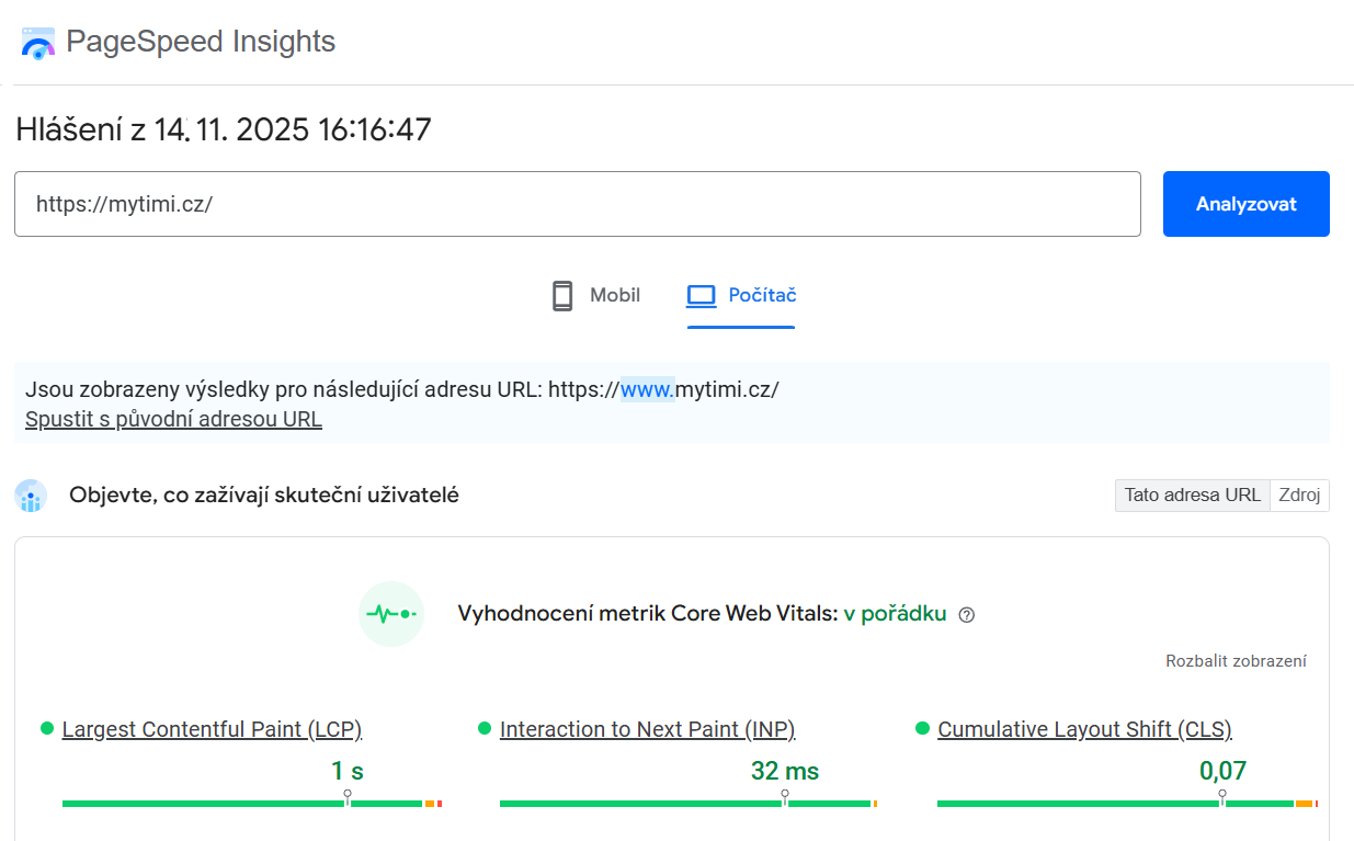 Technické SEO – ukázka rychlosti webu přes PageSpeed Insights