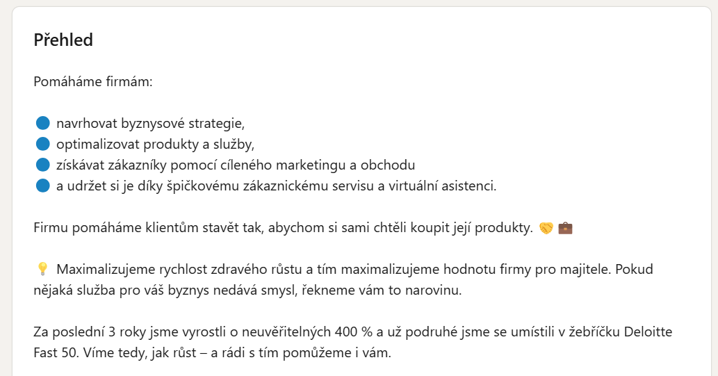 Ukázka, jak na LinkedIn správně vyplnit firemní popis, aby výstižně popisoval přednosti firmy. 