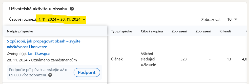 Ukázka uživatelské aktivity u obsahu na LinkedIn.