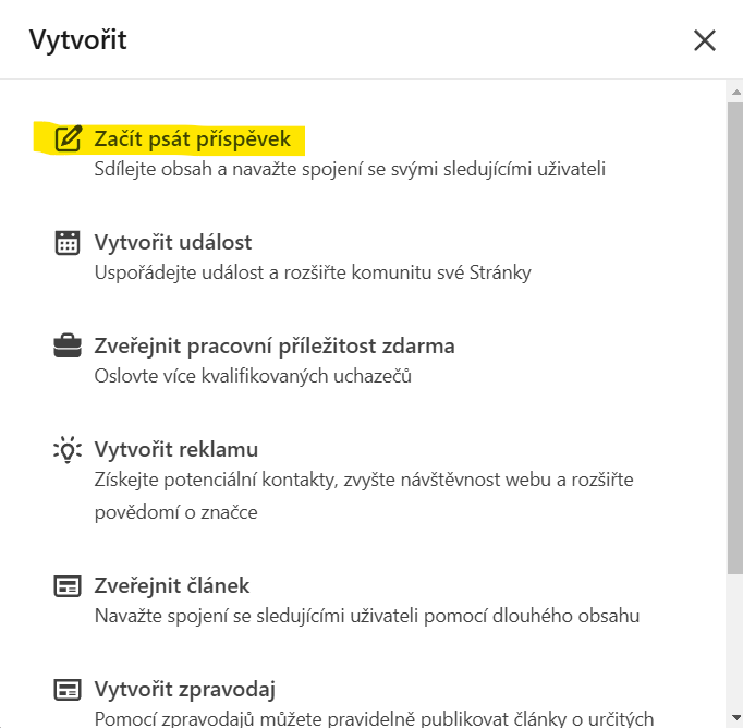 Instrukce, jak vytvořit nový příspěvek na LinkedIn pomocí „Začít psát příspěvek“.