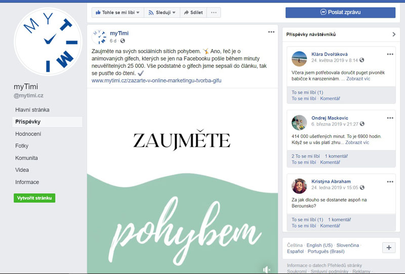 Facebookový profil společnosti myTimi