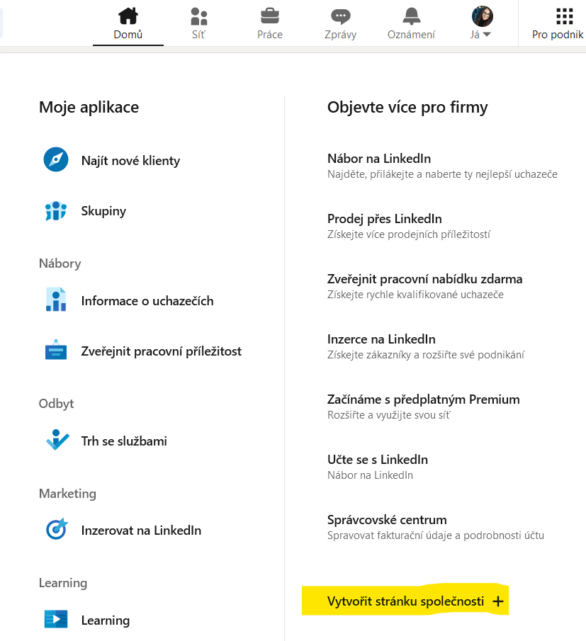 Ukázka, kde na LinkedIn najít „Vytvořit stránku společnosti“. 