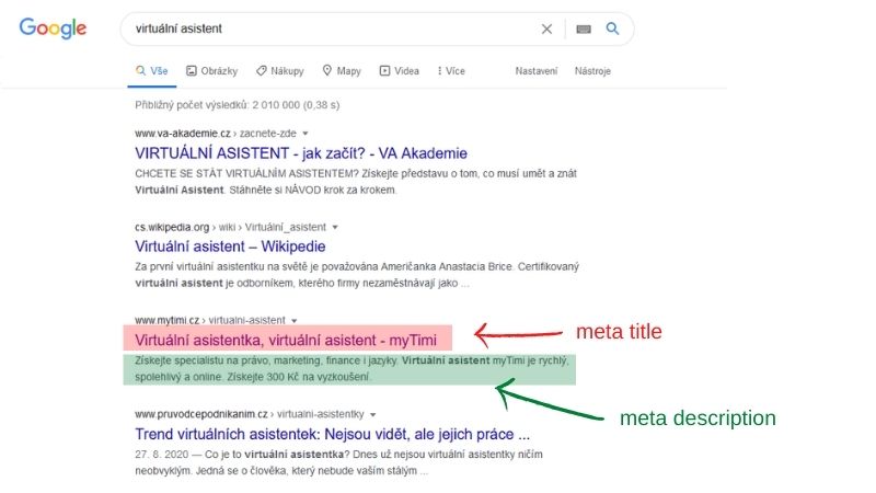 ukázka meta tagů ve výsledcích vyhledávání