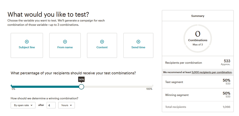 příprava A/B testu v Mailchimpu