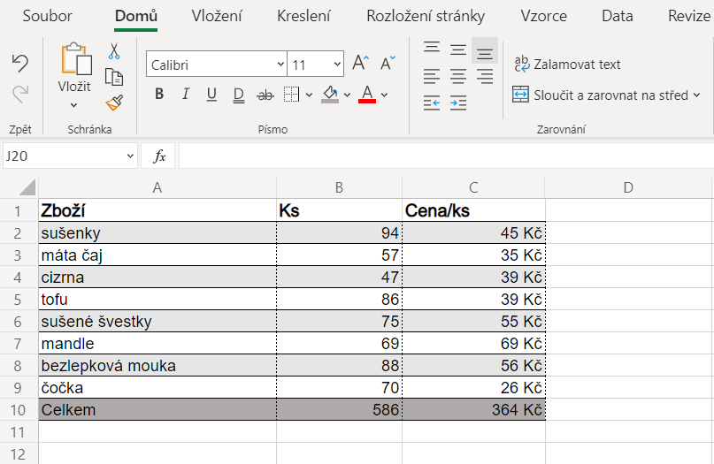 Tabulka v Excelu s orámováním