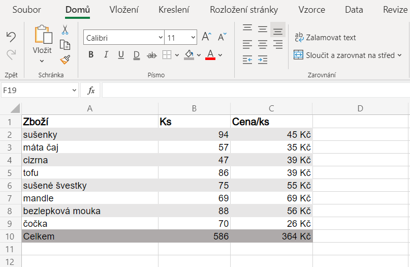 Tabulka v Excelu se stínovanými řádky