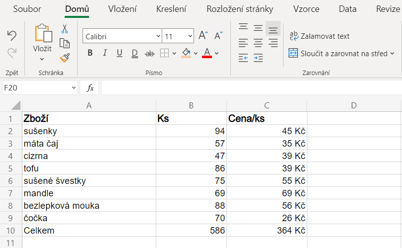 Tabulka v Excelu s fontem Calibri