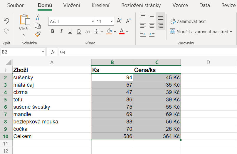 Tabulka v Excelu se zarovnanými daty