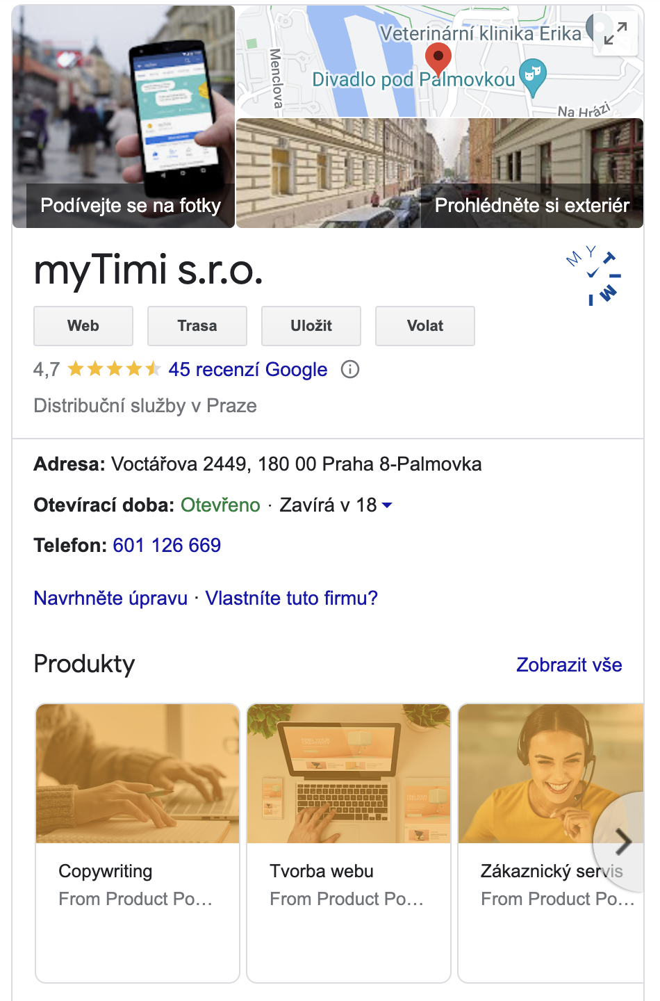 firemní profil společnost myTimi na Googlu