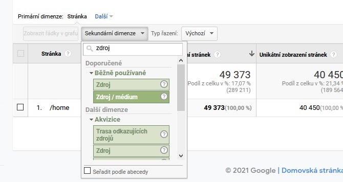 Sekundární dimenze Zdroj / médium google analytics