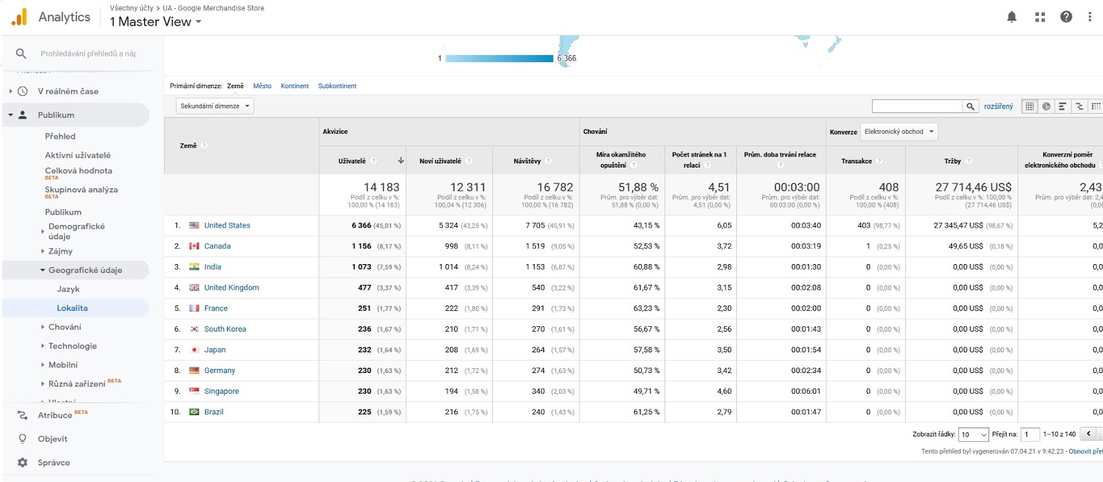 Publikum > Geografické údaje > Lokalita google analytics