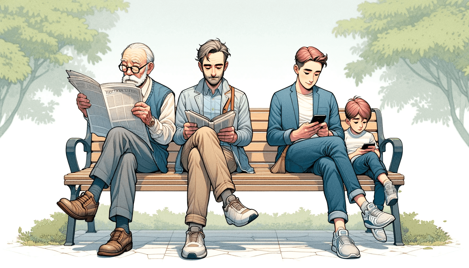 různé generace mužů sedí na lavičce v parku