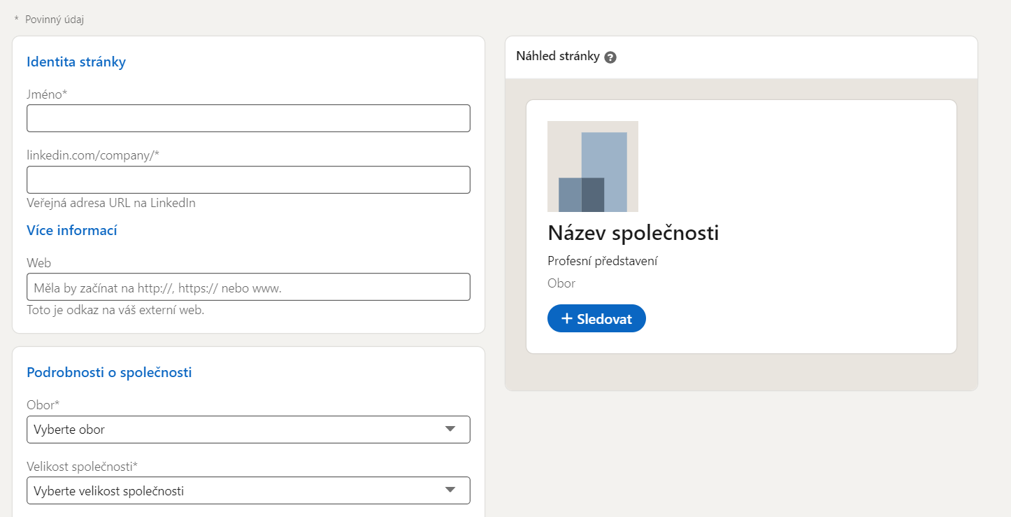 Ukázka, jak na LinkedIn vyplnit informace o firmě.