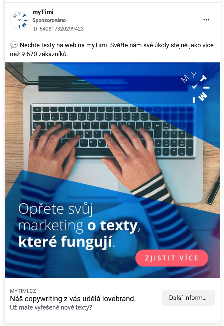 Ukázka myTimi reklamy na facebooku