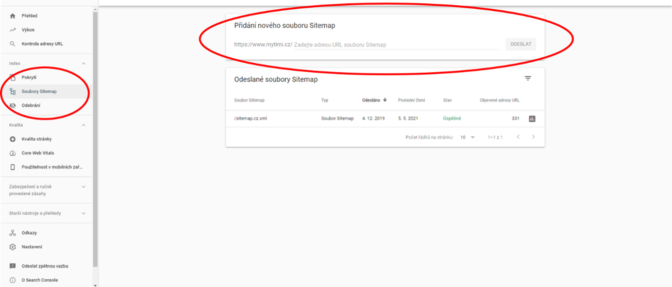V hlavním menu Search Console klikněte v sekci Index na Soubory Sitemap