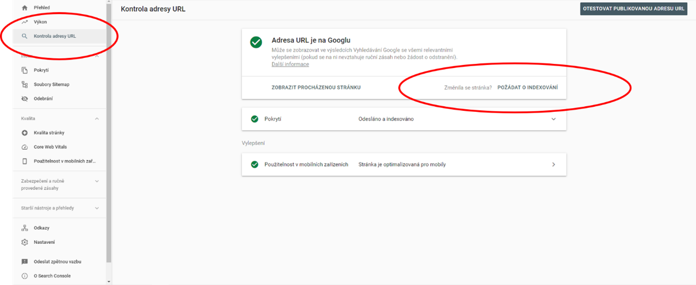 kontrola adresy URL v Search Console
