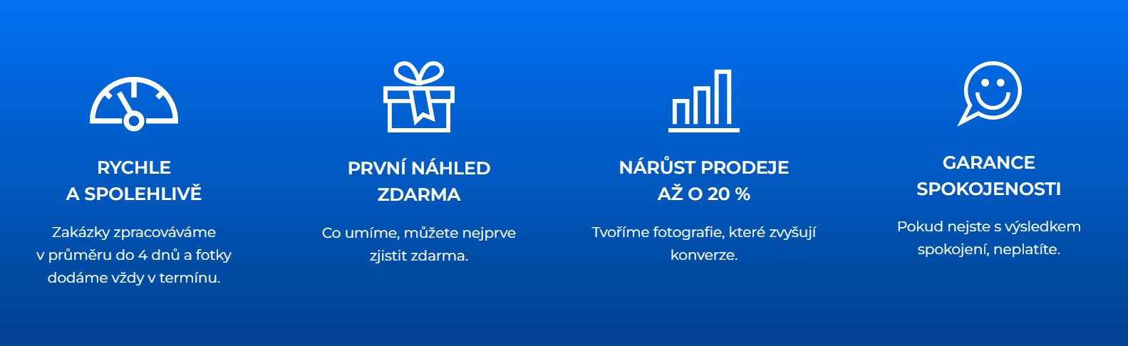 Na webu produktovafotka.cz jsme USPs umístili pod hero sekci a loga spokojených zákazníků.